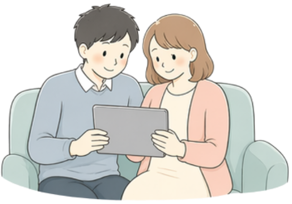 ソファで夫婦が Baby Compass を見ながらリスト・ランキング・比較を確認しているイラスト