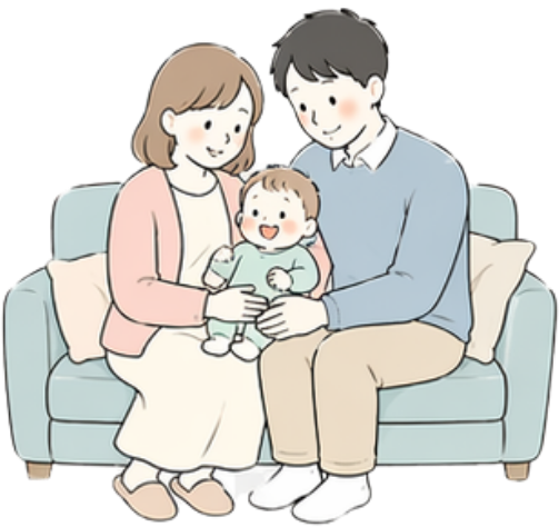 夕方の柔らかい光のソファで親子 3 人が穏やかに過ごしているイラスト