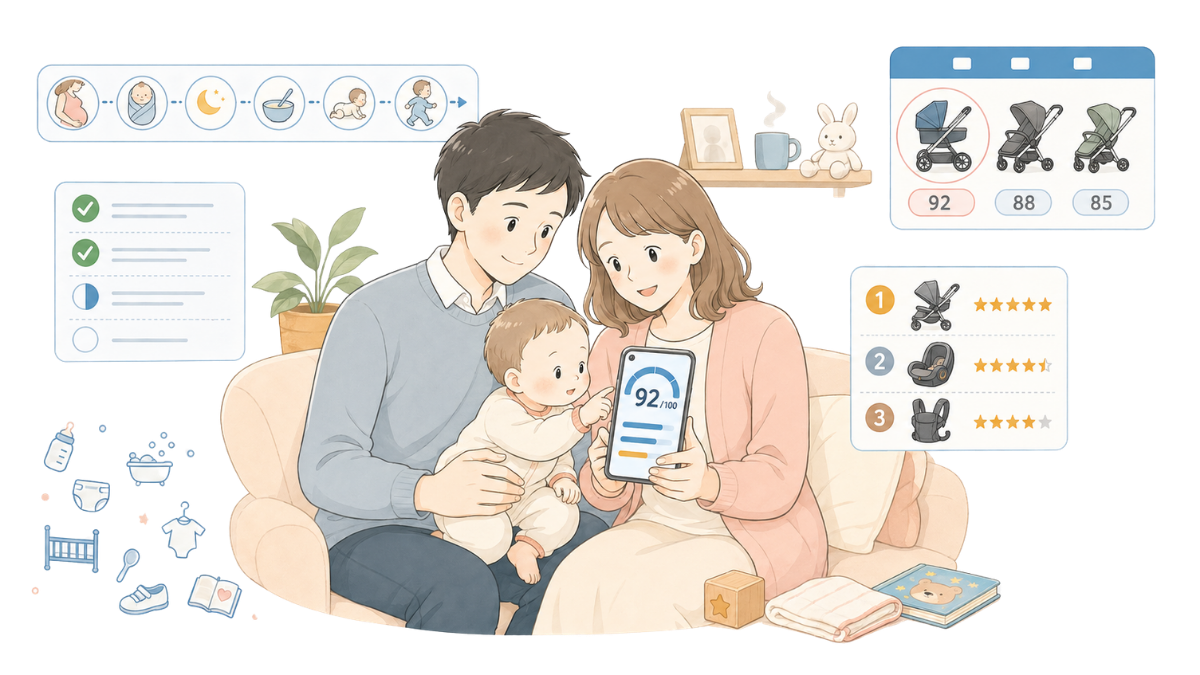 両親と赤ちゃんがソファで Baby Compass を見ながら出産準備を進めている様子