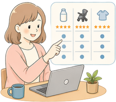 デスクで 3 商品を並べて比較するママのイラスト