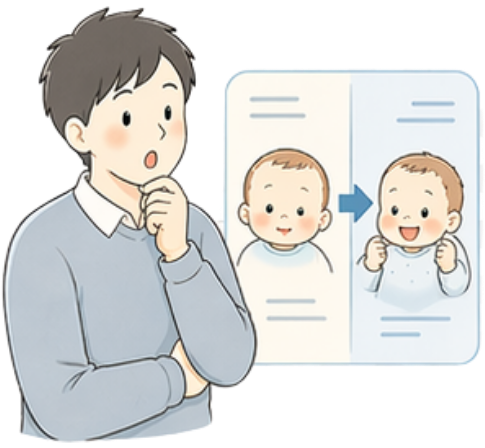 before/after の比較パネルを見るパパのイラスト